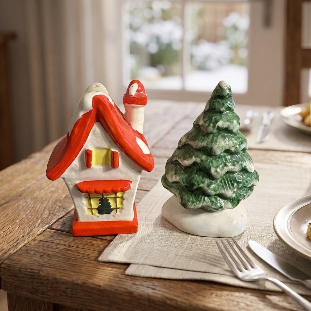 Lefton Vintage Christmas House Tree Salt & Pepper Shakers Red Green